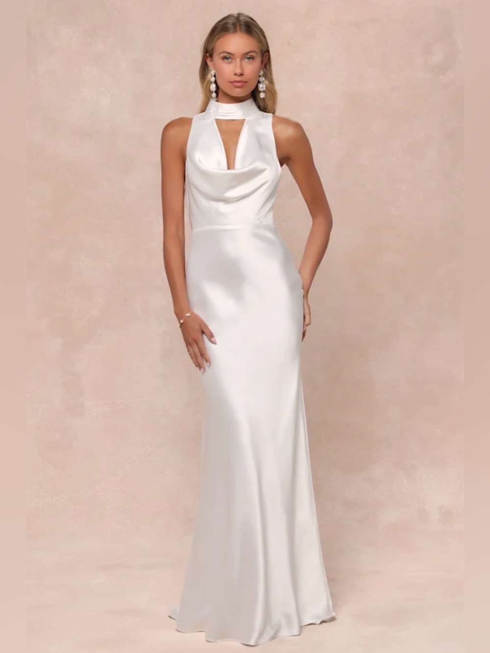 Gorgeous Vow White Satin Mock Neck Cowl Mermaid Maxi Dress
